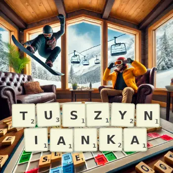 Kreatywna ilustracja do gry w Scrabble ze słowem TUSZYNIANKA ułożonym z płytek na planszy.