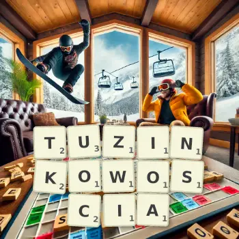 Kreatywna ilustracja do gry w Scrabble ze słowem TUZINKOWOSCIA ułożonym z płytek na planszy.