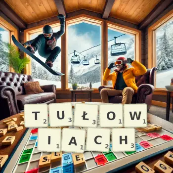 Kreatywna ilustracja do gry w Scrabble ze słowem TUŁOWIACH ułożonym z płytek na planszy.