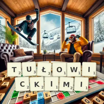 Kreatywna ilustracja do gry w Scrabble ze słowem TUŁOWICKIMI ułożonym z płytek na planszy.