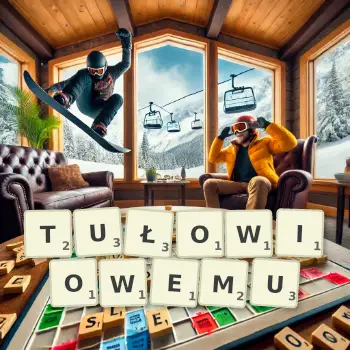 Kreatywna ilustracja do gry w Scrabble ze słowem TUŁOWIOWEMU ułożonym z płytek na planszy.