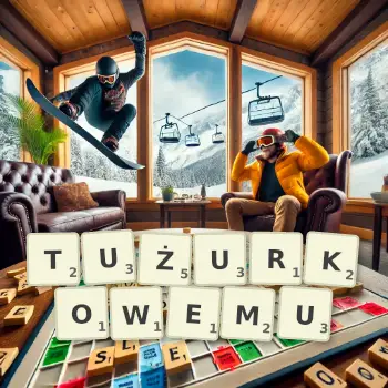 Kreatywna ilustracja do gry w Scrabble ze słowem TUŻURKOWEMU ułożonym z płytek na planszy.