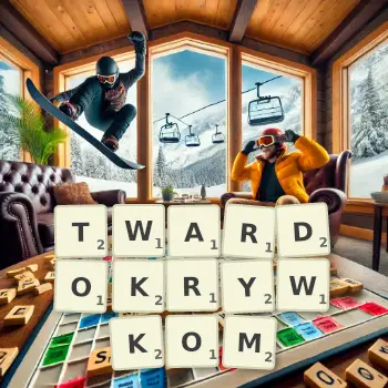 Kreatywna ilustracja do gry w Scrabble ze słowem TWARDOKRYWKOM ułożonym z płytek na planszy.