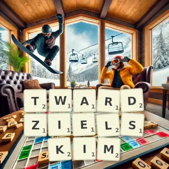 Kreatywna ilustracja do gry w Scrabble ze słowem TWARDZIELSKIM ułożonym z płytek na planszy.