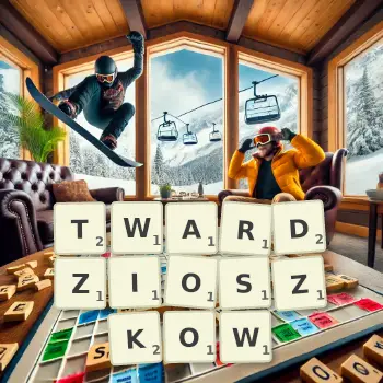 Kreatywna ilustracja do gry w Scrabble ze słowem TWARDZIOSZKOW ułożonym z płytek na planszy.