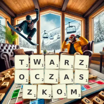 Kreatywna ilustracja do gry w Scrabble ze słowem TWARZOCZASZKOM ułożonym z płytek na planszy.
