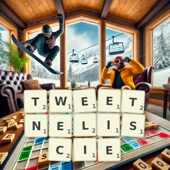 Kreatywna ilustracja do gry w Scrabble ze słowem TWEETNELISCIE ułożonym z płytek na planszy.