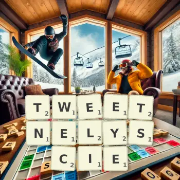 Kreatywna ilustracja do gry w Scrabble ze słowem TWEETNELYSCIE ułożonym z płytek na planszy.
