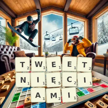 Kreatywna ilustracja do gry w Scrabble ze słowem TWEETNIĘCIAMI ułożonym z płytek na planszy.