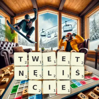 Kreatywna ilustracja do gry w Scrabble ze słowem TWEETNĘLIŚCIE ułożonym z płytek na planszy.