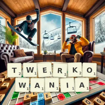 Kreatywna ilustracja do gry w Scrabble ze słowem TWERKOWANIA ułożonym z płytek na planszy.