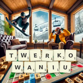 Kreatywna ilustracja do gry w Scrabble ze słowem TWERKOWANIU ułożonym z płytek na planszy.
