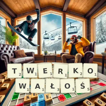 Kreatywna ilustracja do gry w Scrabble ze słowem TWERKOWAŁOŚ ułożonym z płytek na planszy.