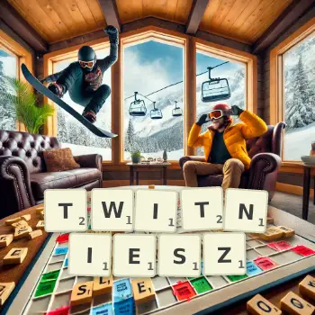 Kreatywna ilustracja do gry w Scrabble ze słowem TWITNIESZ ułożonym z płytek na planszy.