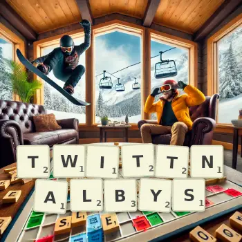 Kreatywna ilustracja do gry w Scrabble ze słowem TWITTNALBYS ułożonym z płytek na planszy.