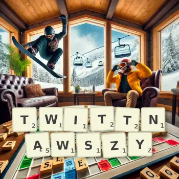 Kreatywna ilustracja do gry w Scrabble ze słowem TWITTNĄWSZY ułożonym z płytek na planszy.