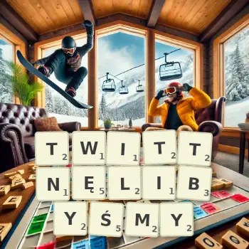 Kreatywna ilustracja do gry w Scrabble ze słowem TWITTNĘLIBYŚMY ułożonym z płytek na planszy.