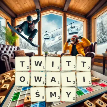 Kreatywna ilustracja do gry w Scrabble ze słowem TWITTOWALIŚMY ułożonym z płytek na planszy.