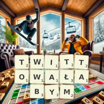 Kreatywna ilustracja do gry w Scrabble ze słowem TWITTOWAŁABYM ułożonym z płytek na planszy.