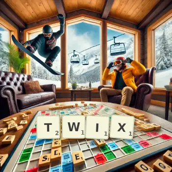 Kreatywna ilustracja do gry w Scrabble ze słowem TWIX ułożonym z płytek na planszy.