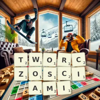 Kreatywna ilustracja do gry w Scrabble ze słowem TWORCZOSCIAMI ułożonym z płytek na planszy.