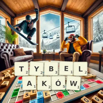 Kreatywna ilustracja do gry w Scrabble ze słowem TYBELAKÓW ułożonym z płytek na planszy.
