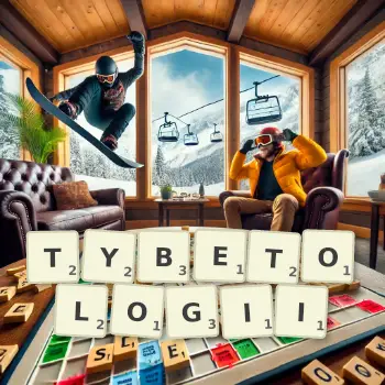 Kreatywna ilustracja do gry w Scrabble ze słowem TYBETOLOGII ułożonym z płytek na planszy.