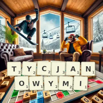 Kreatywna ilustracja do gry w Scrabble ze słowem TYCJANOWYMI ułożonym z płytek na planszy.