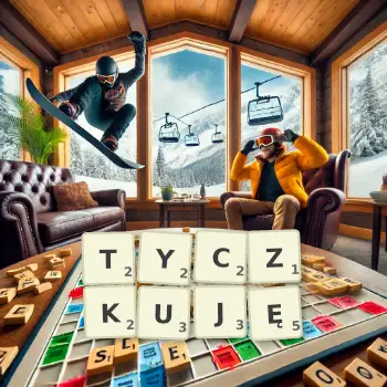 Kreatywna ilustracja do gry w Scrabble ze słowem TYCZKUJĘ ułożonym z płytek na planszy.