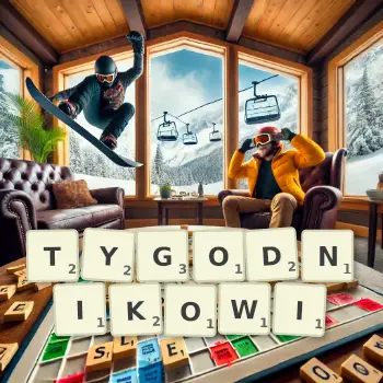 Kreatywna ilustracja do gry w Scrabble ze słowem TYGODNIKOWI ułożonym z płytek na planszy.