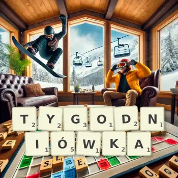 Kreatywna ilustracja do gry w Scrabble ze słowem TYGODNIÓWKA ułożonym z płytek na planszy.