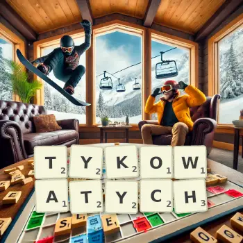 Kreatywna ilustracja do gry w Scrabble ze słowem TYKOWATYCH ułożonym z płytek na planszy.