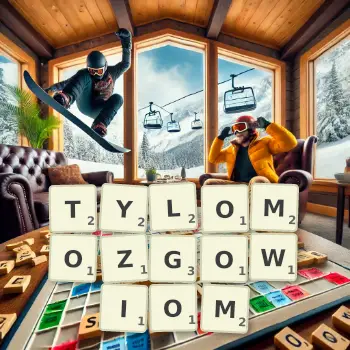 Kreatywna ilustracja do gry w Scrabble ze słowem TYLOMOZGOWIOM ułożonym z płytek na planszy.