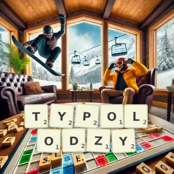 Kreatywna ilustracja do gry w Scrabble ze słowem TYPOLODZY ułożonym z płytek na planszy.