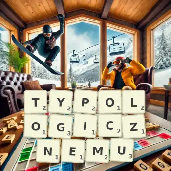 Kreatywna ilustracja do gry w Scrabble ze słowem TYPOLOGICZNEMU ułożonym z płytek na planszy.