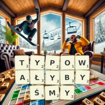Kreatywna ilustracja do gry w Scrabble ze słowem TYPOWAŁYBYŚMY ułożonym z płytek na planszy.