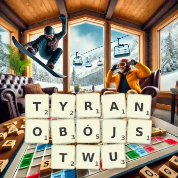 Kreatywna ilustracja do gry w Scrabble ze słowem TYRANOBÓJSTWU ułożonym z płytek na planszy.