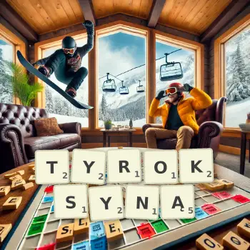 Kreatywna ilustracja do gry w Scrabble ze słowem TYROKSYNĄ ułożonym z płytek na planszy.