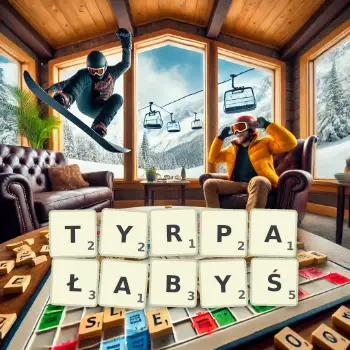 Kreatywna ilustracja do gry w Scrabble ze słowem TYRPAŁABYŚ ułożonym z płytek na planszy.