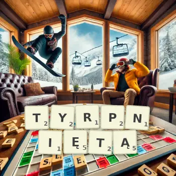 Kreatywna ilustracja do gry w Scrabble ze słowem TYRPNIĘTĄ ułożonym z płytek na planszy.