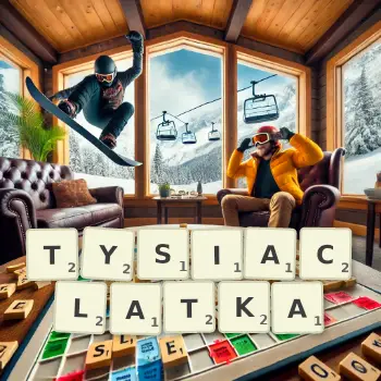 Kreatywna ilustracja do gry w Scrabble ze słowem TYSIACLATKA ułożonym z płytek na planszy.