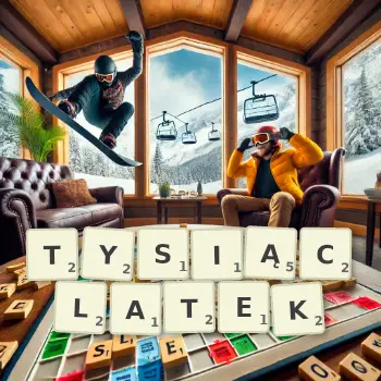 Kreatywna ilustracja do gry w Scrabble ze słowem TYSIĄCLATEK ułożonym z płytek na planszy.