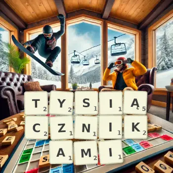 Kreatywna ilustracja do gry w Scrabble ze słowem TYSIĄCZNIKAMI ułożonym z płytek na planszy.