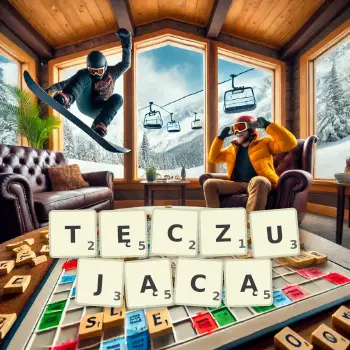 Kreatywna ilustracja do gry w Scrabble ze słowem TĘCZUJĄCĄ ułożonym z płytek na planszy.