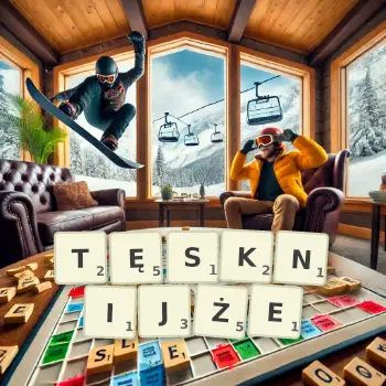 Kreatywna ilustracja do gry w Scrabble ze słowem TĘSKNIJŻE ułożonym z płytek na planszy.