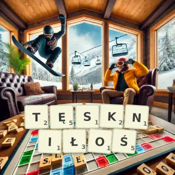 Kreatywna ilustracja do gry w Scrabble ze słowem TĘSKNIŁOŚ ułożonym z płytek na planszy.