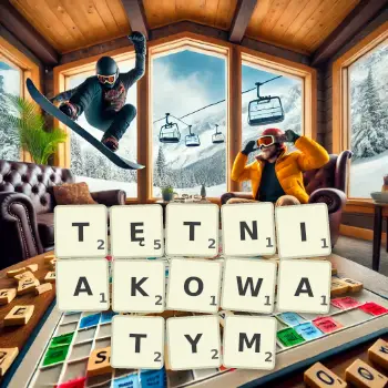 Kreatywna ilustracja do gry w Scrabble ze słowem TĘTNIAKOWATYM ułożonym z płytek na planszy.