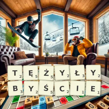 Kreatywna ilustracja do gry w Scrabble ze słowem TĘŻYŁYBYŚCIE ułożonym z płytek na planszy.