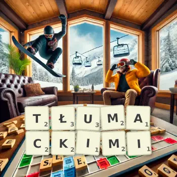 Kreatywna ilustracja do gry w Scrabble ze słowem TŁUMACKIMI ułożonym z płytek na planszy.