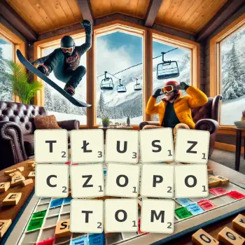 Kreatywna ilustracja do gry w Scrabble ze słowem TŁUSZCZOPOTOM ułożonym z płytek na planszy.